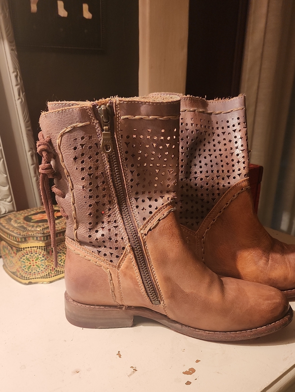 BedStu Women's Tan Leather Perforated Ankle Boots